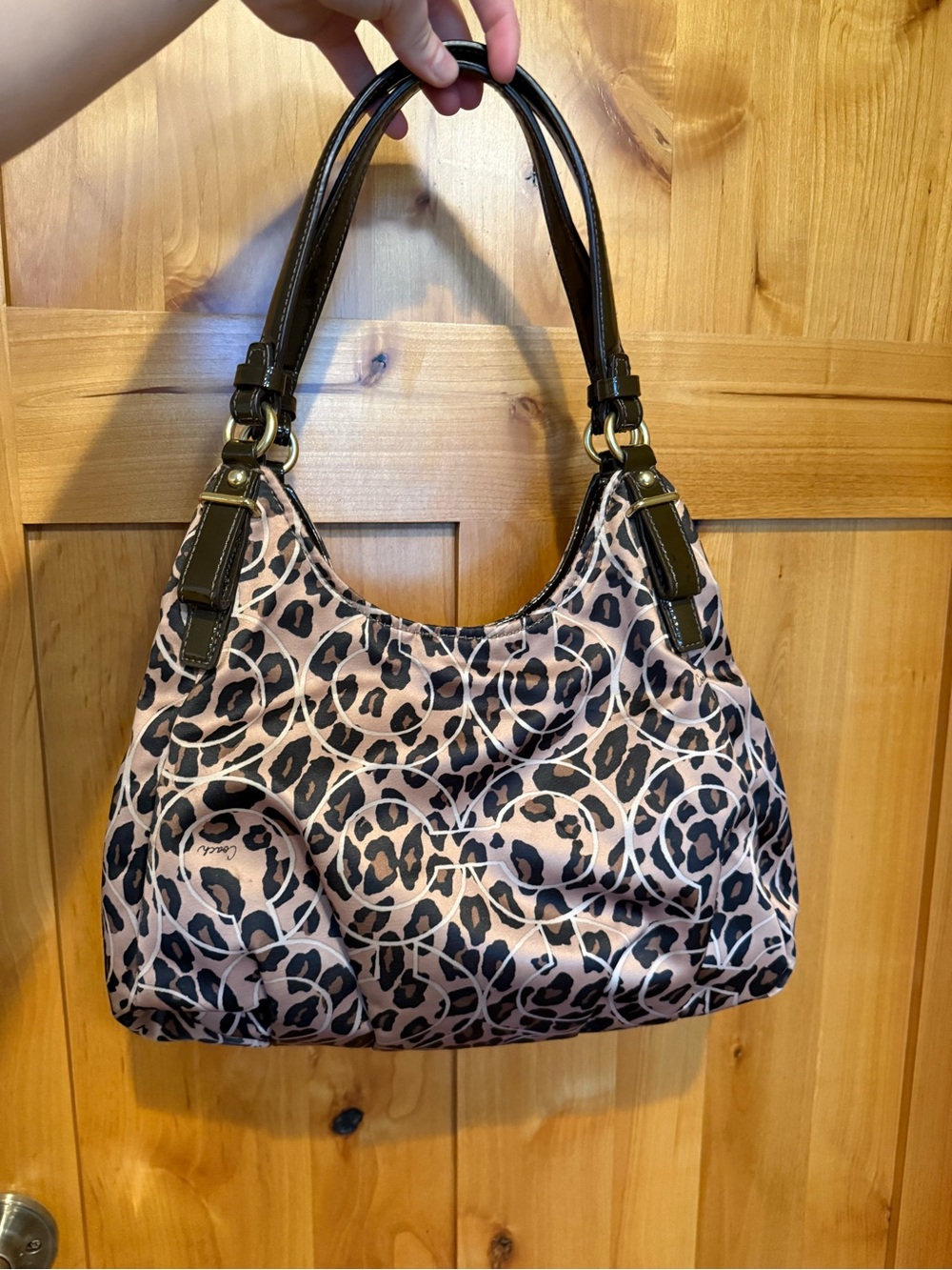 Coach Leopard Print Shoulder Bag with Dark Brown Patent Handles - Picture 4 of 5
